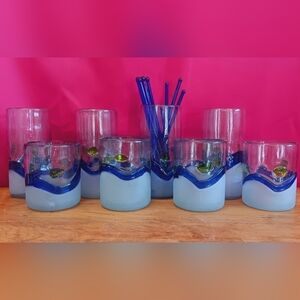 Mexican Recycled Glass Drinking Glasses + Stir Sticks (8pc + 8pc)